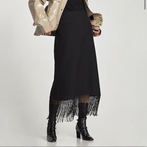 ZARA BLACK FRINGE MIDI SKIRT